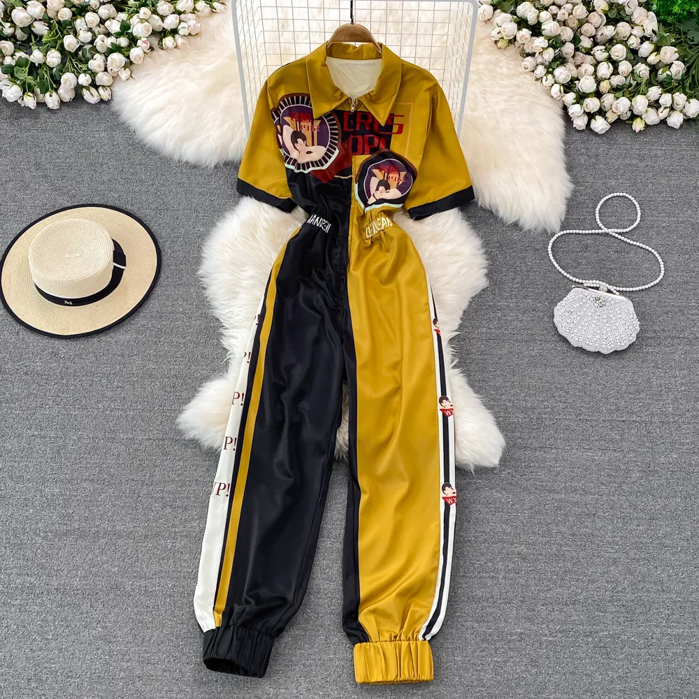 High Waist Lapel Print Cargo Jumpsuit