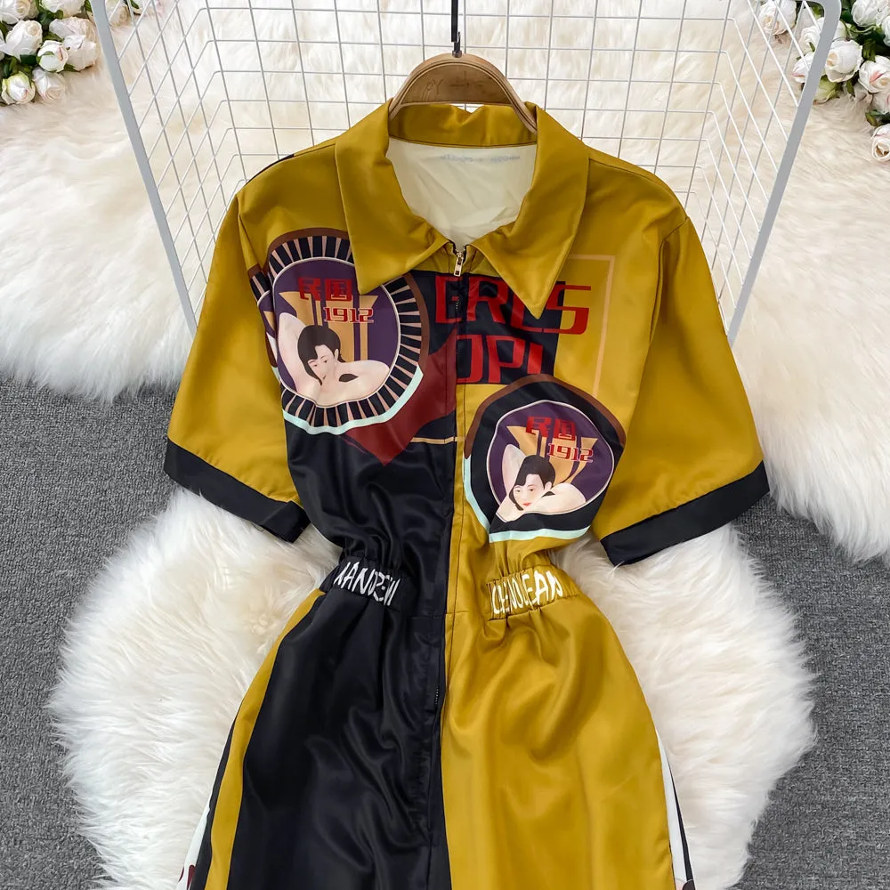 High Waist Lapel Print Cargo Jumpsuit