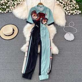 High Waist Lapel Print Cargo Jumpsuit