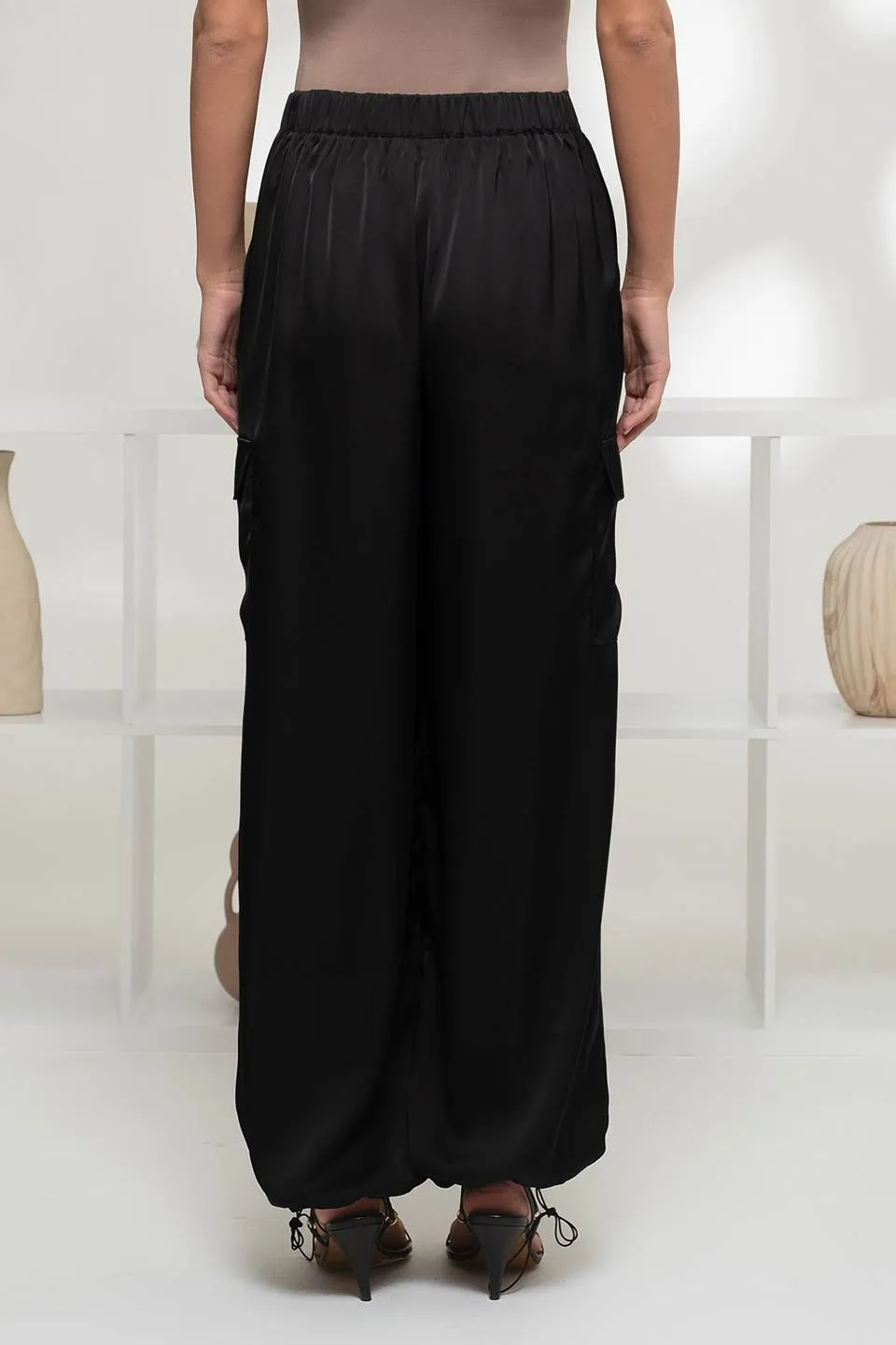 HIGH WAIST SATIN CARGO JOGGER PANTS