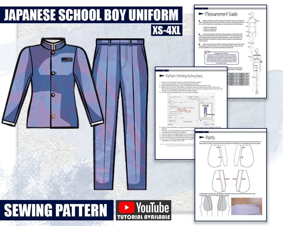 Japanese School Boy Uniform Cosplay Fashion Costume Sewing Pattern/Downloadable PDF File