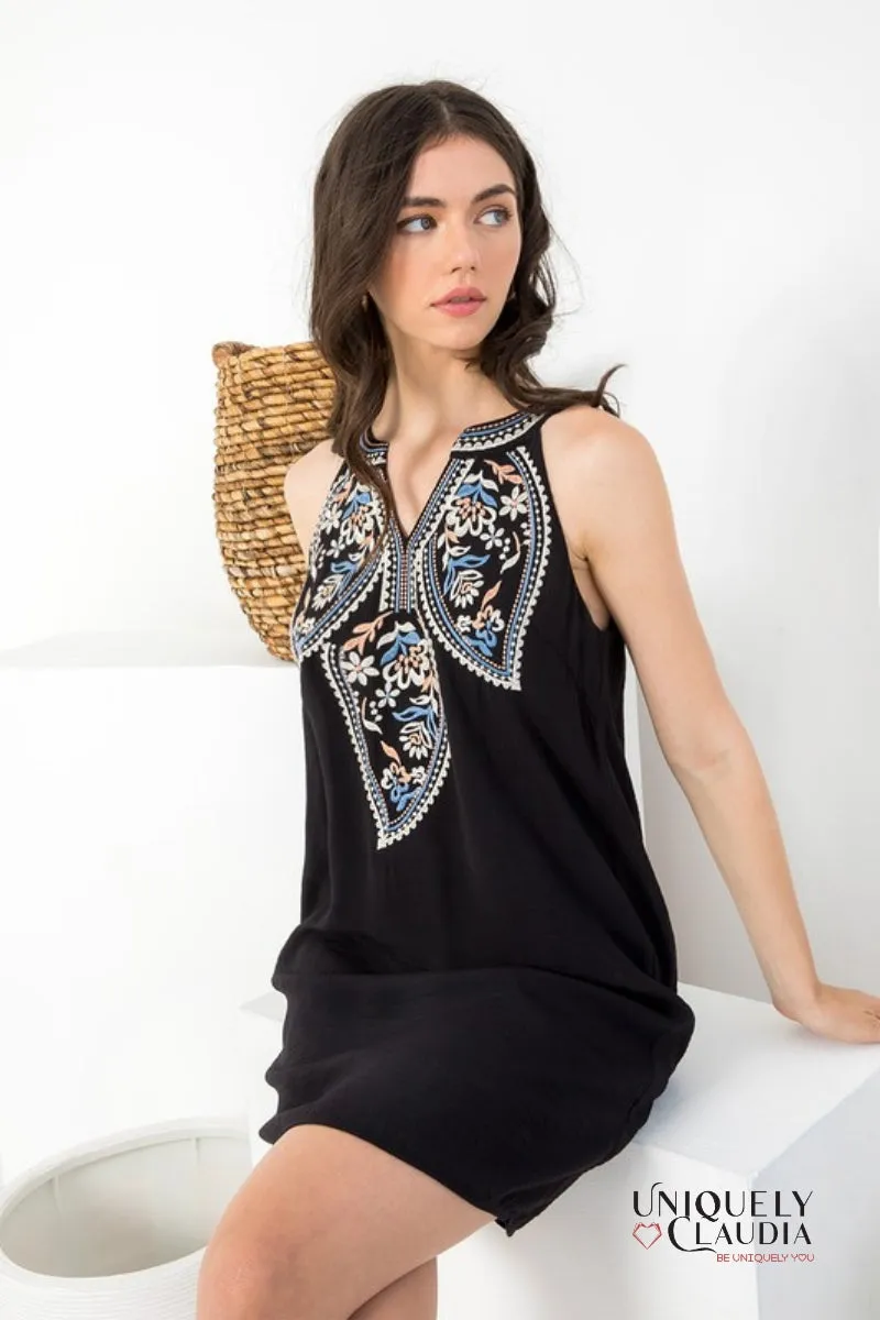 Kehlani Embroidered Halter Mini Dress
