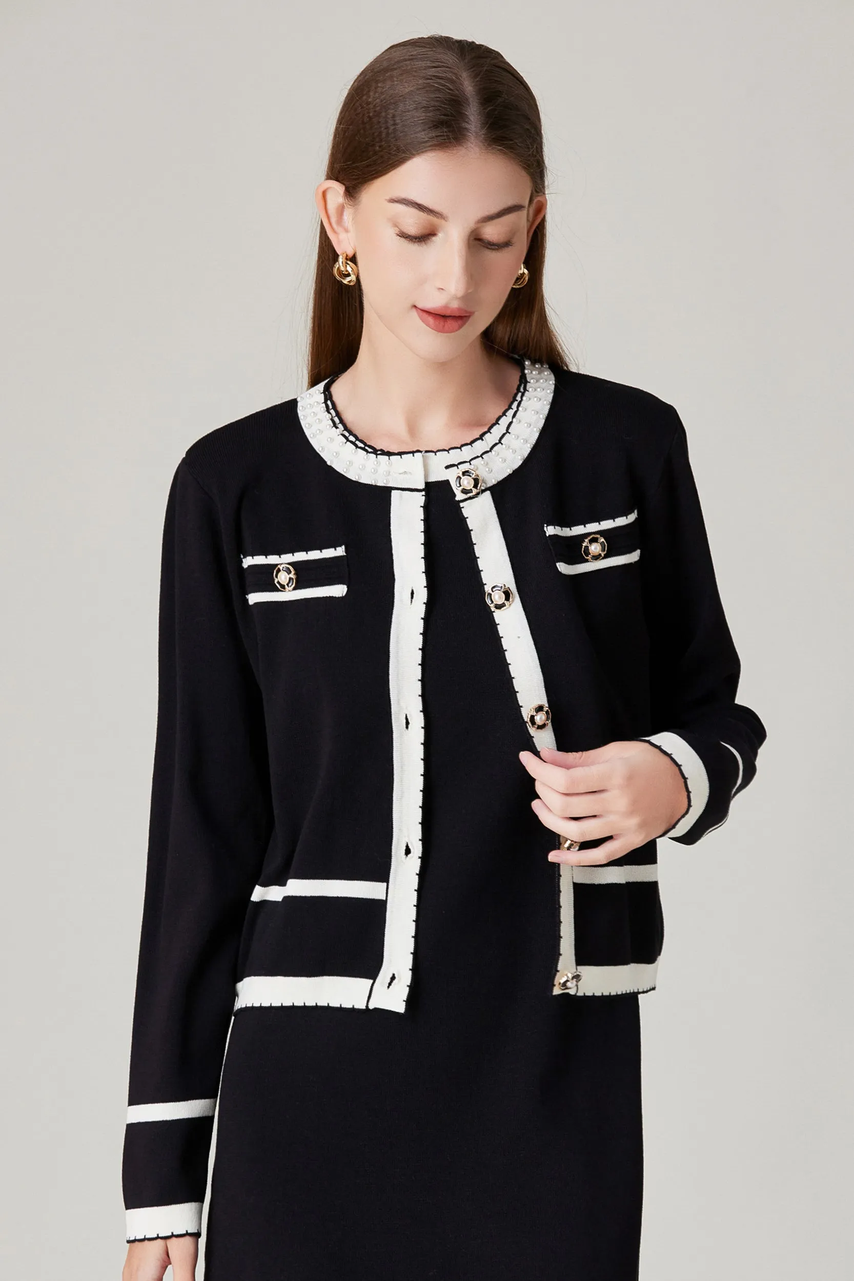 Keyla Contrast Trim Stretch Knit Cardigan