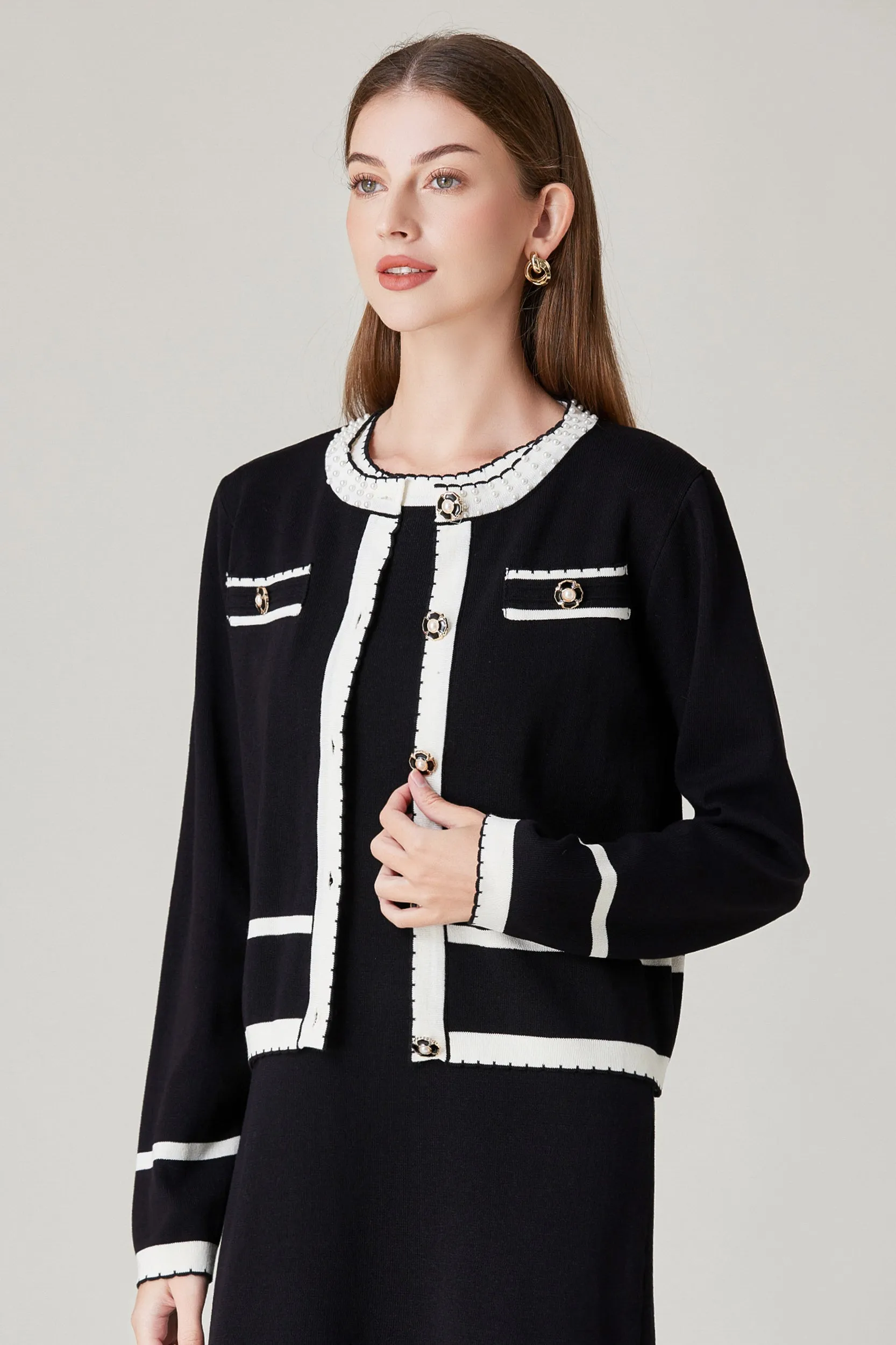 Keyla Contrast Trim Stretch Knit Cardigan