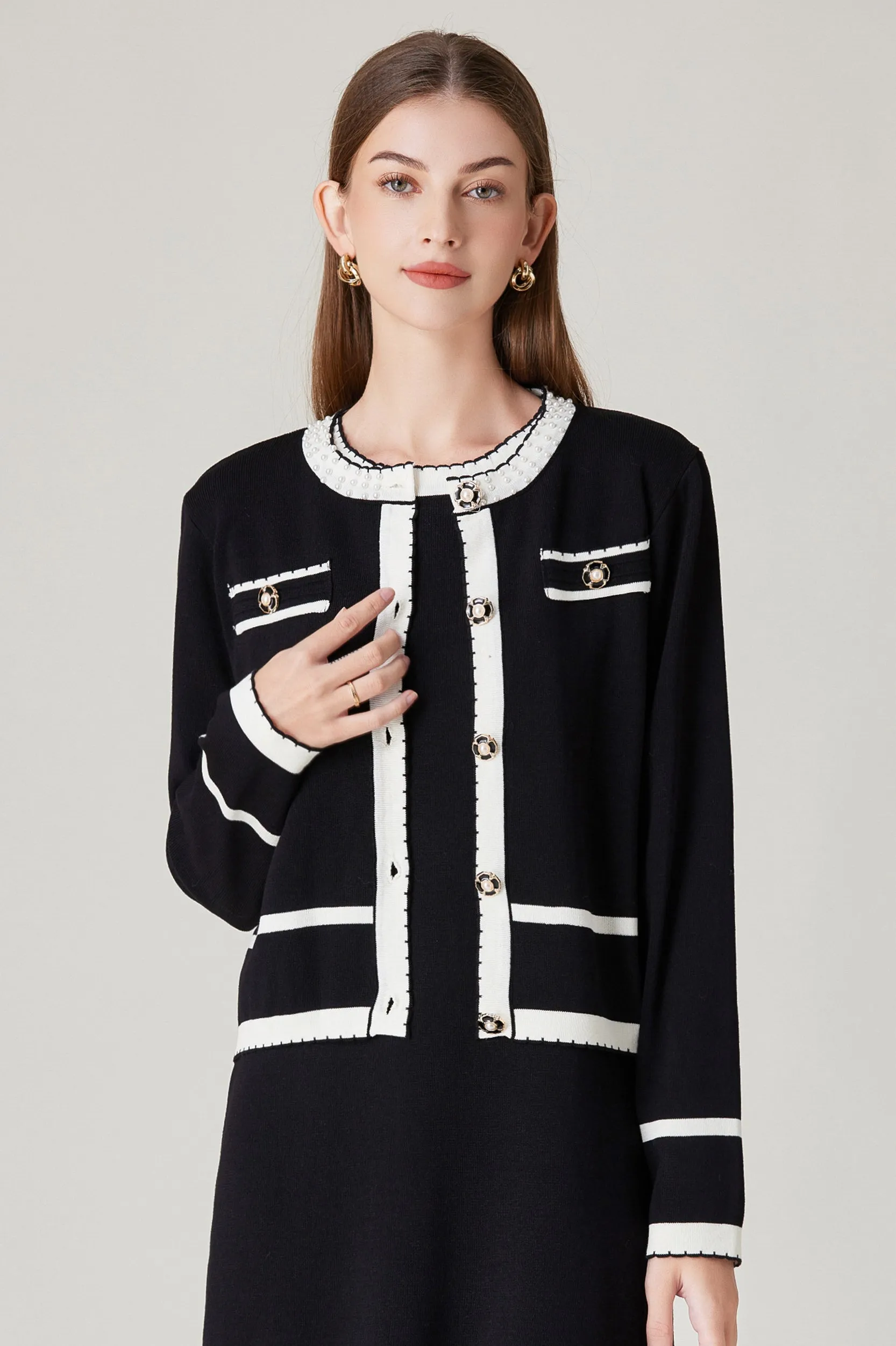 Keyla Contrast Trim Stretch Knit Cardigan