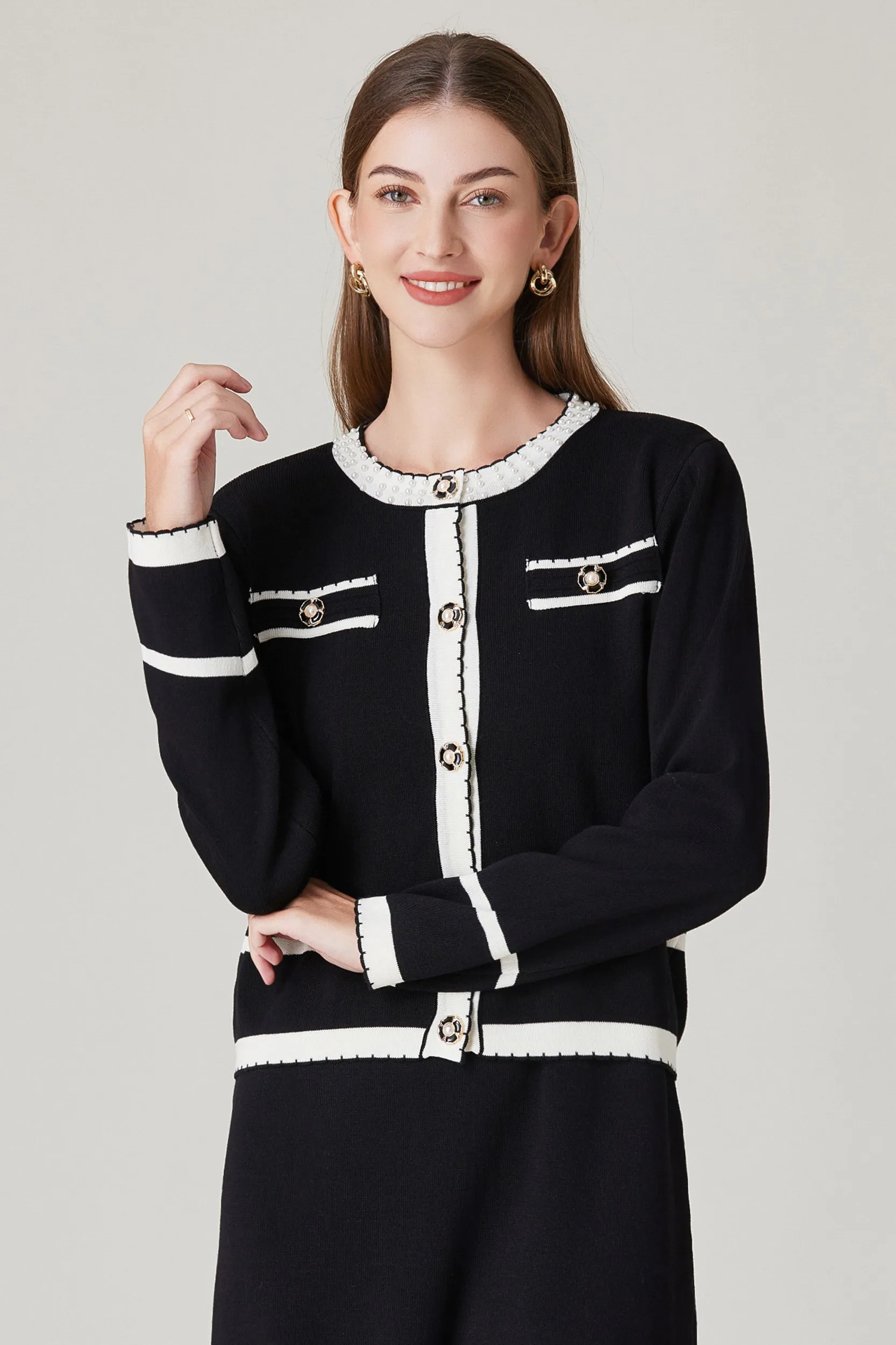 Keyla Contrast Trim Stretch Knit Cardigan