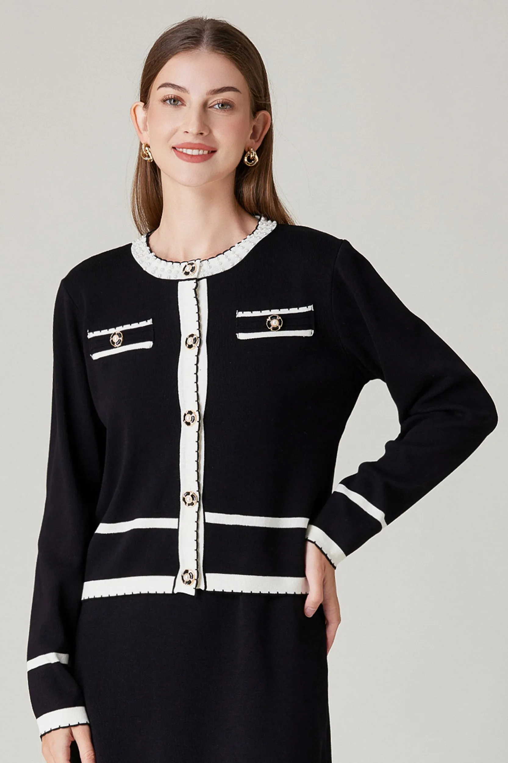 Keyla Contrast Trim Stretch Knit Cardigan