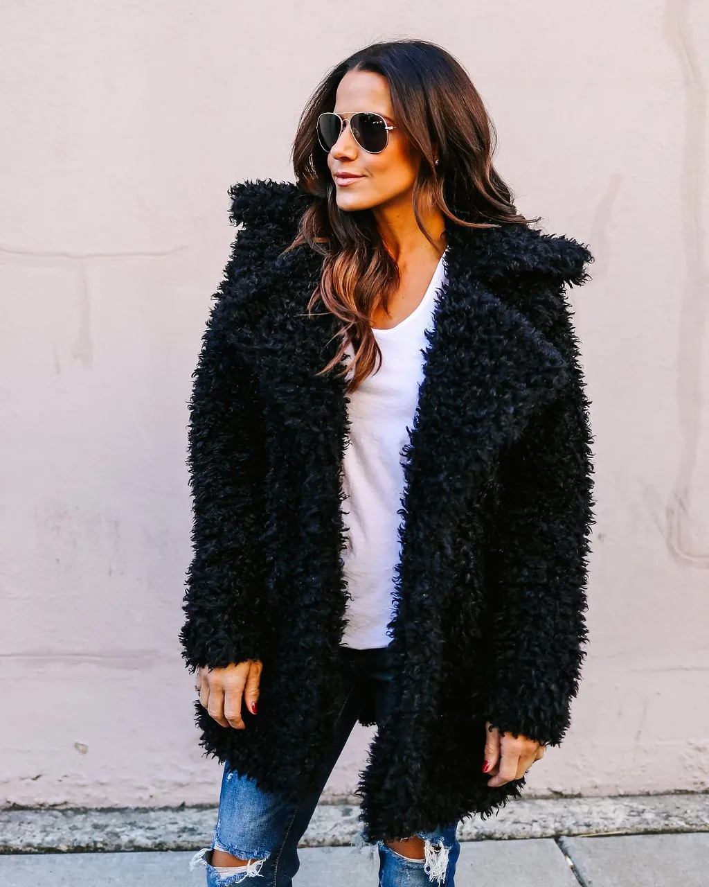 Lapel Faux Fur Women Loose Oversized Solid Color Teddy Coat