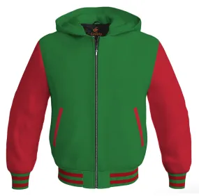 Letterman Hoodie Green Body and Red Leather Sleeves Varsity Hoodie