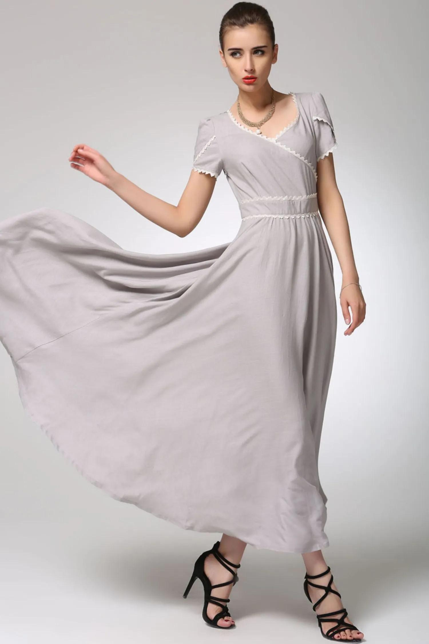 Light grey linen dress maxi prom dress 1260