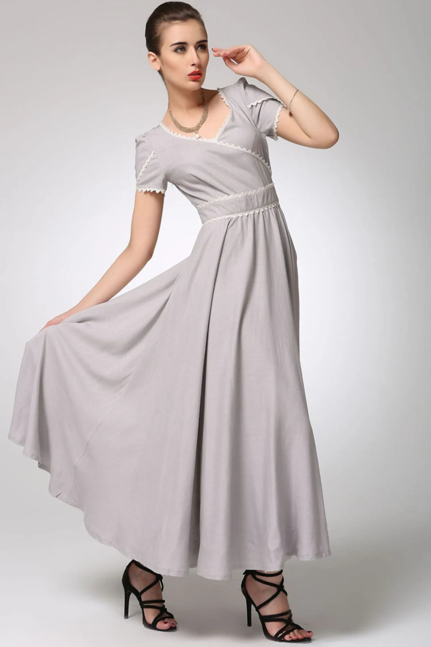 Light grey linen dress maxi prom dress 1260