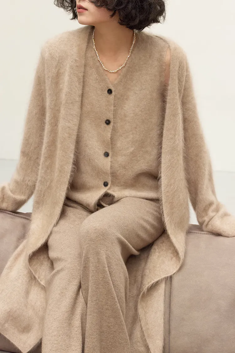 Luxe Fuzzy Open-front Brushed Cashmere Duster Cardigan