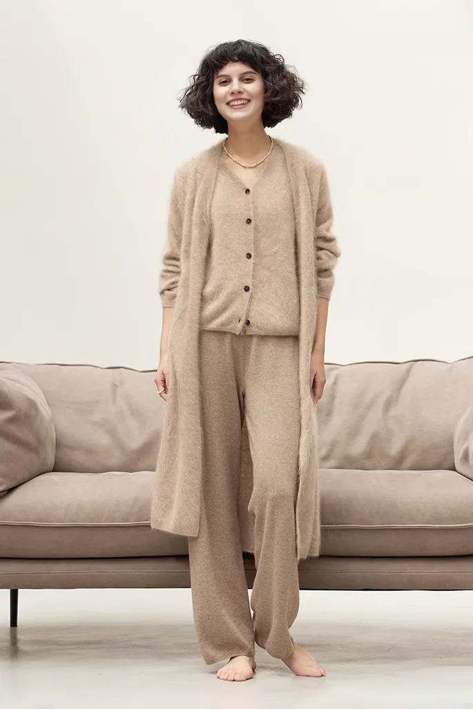 Luxe Fuzzy Open-front Brushed Cashmere Duster Cardigan