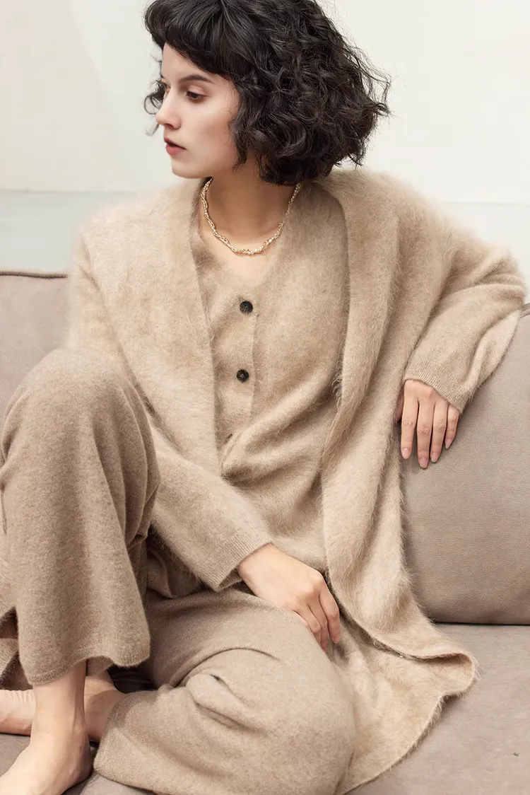 Luxe Fuzzy Open-front Brushed Cashmere Duster Cardigan