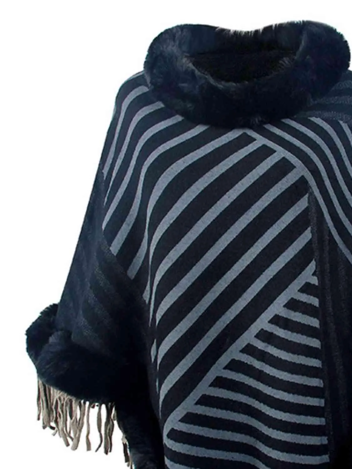 Magnific Winter Striped Fringe Hem Mock Neck Poncho
