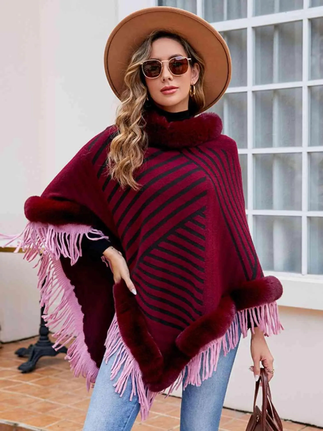 Magnific Winter Striped Fringe Hem Mock Neck Poncho