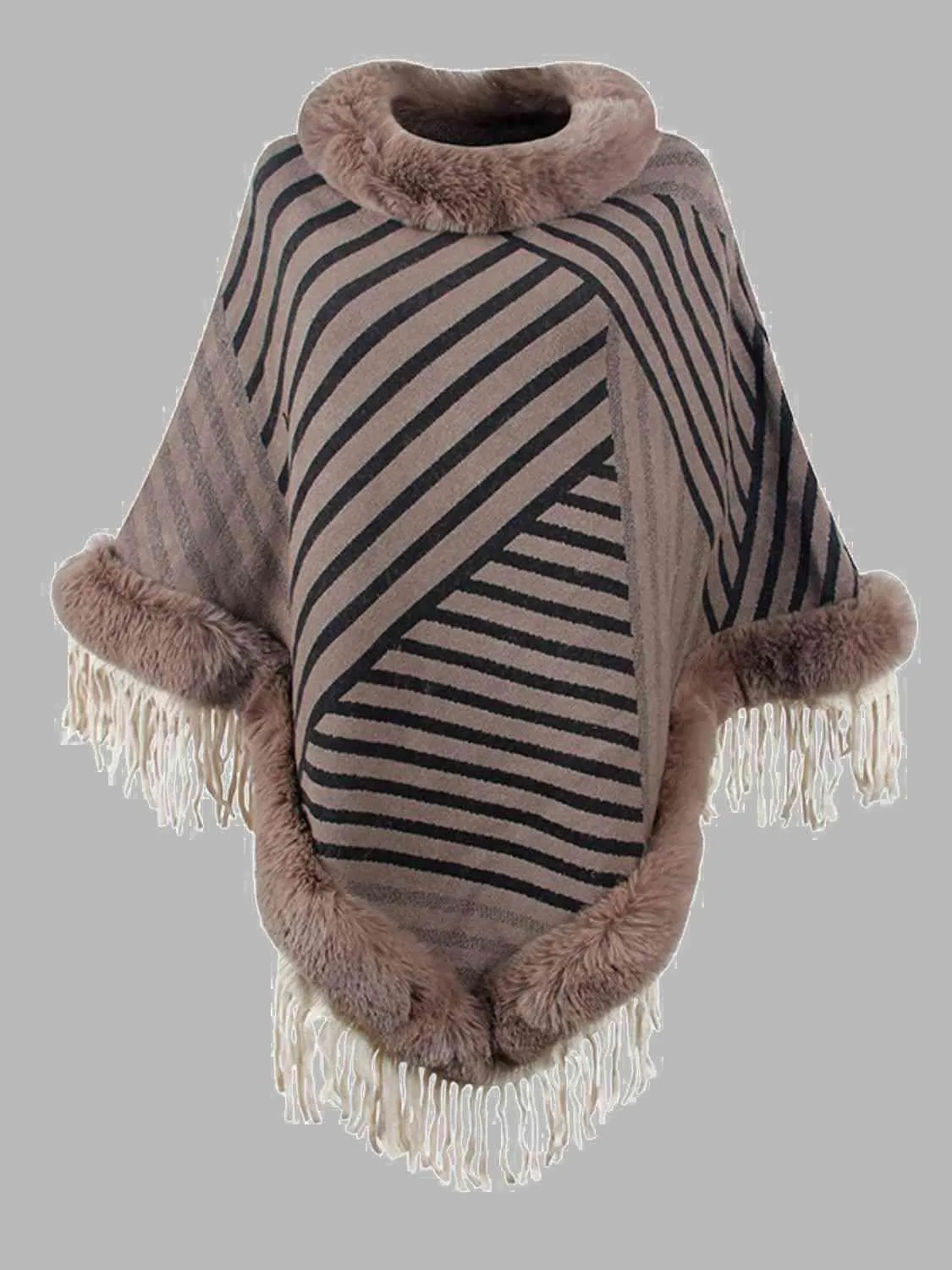 Magnific Winter Striped Fringe Hem Mock Neck Poncho