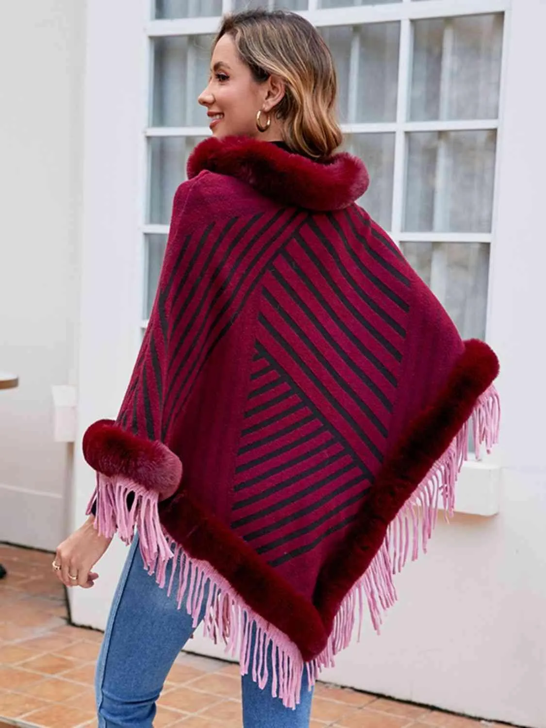Magnific Winter Striped Fringe Hem Mock Neck Poncho