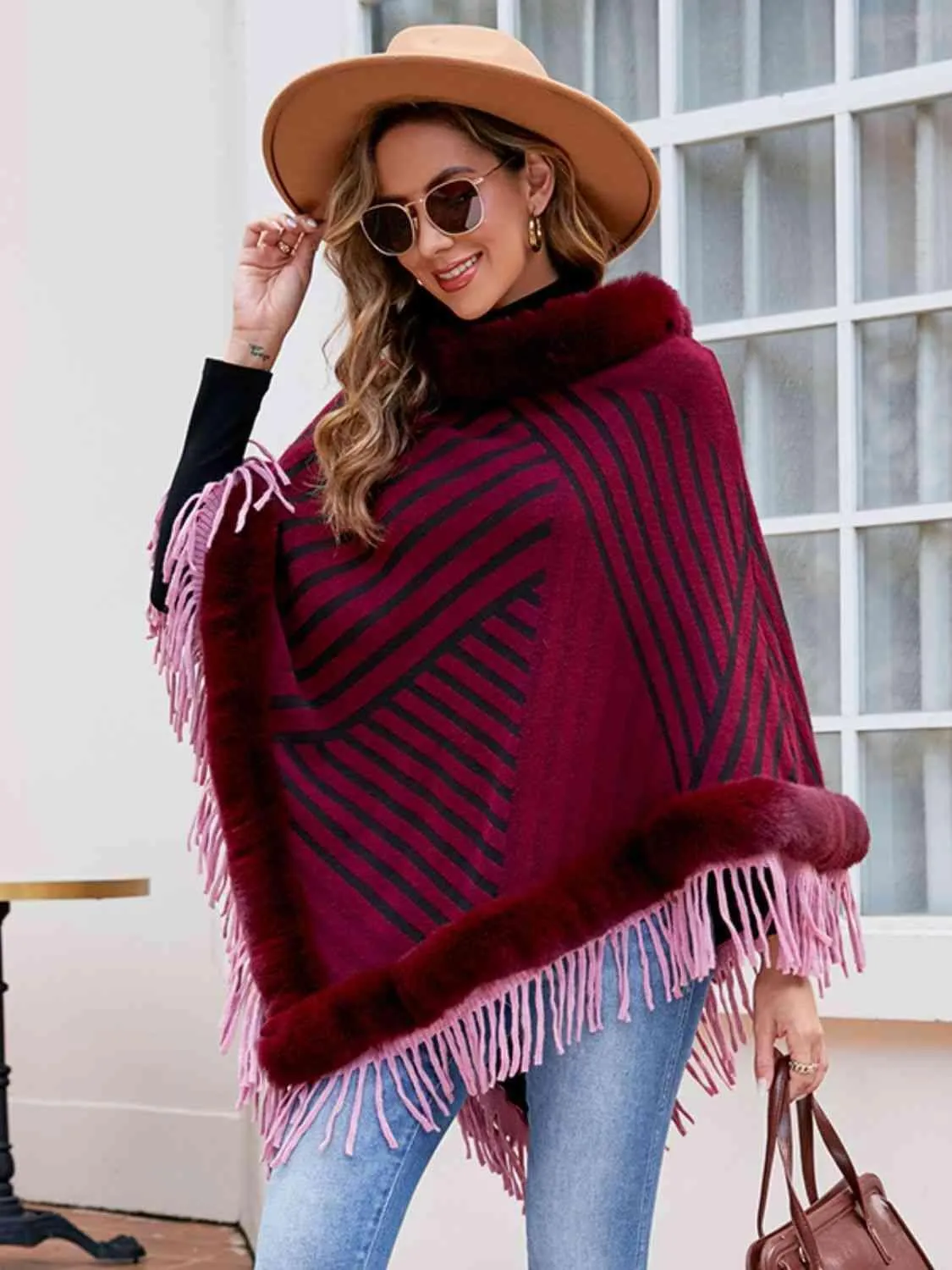 Magnific Winter Striped Fringe Hem Mock Neck Poncho