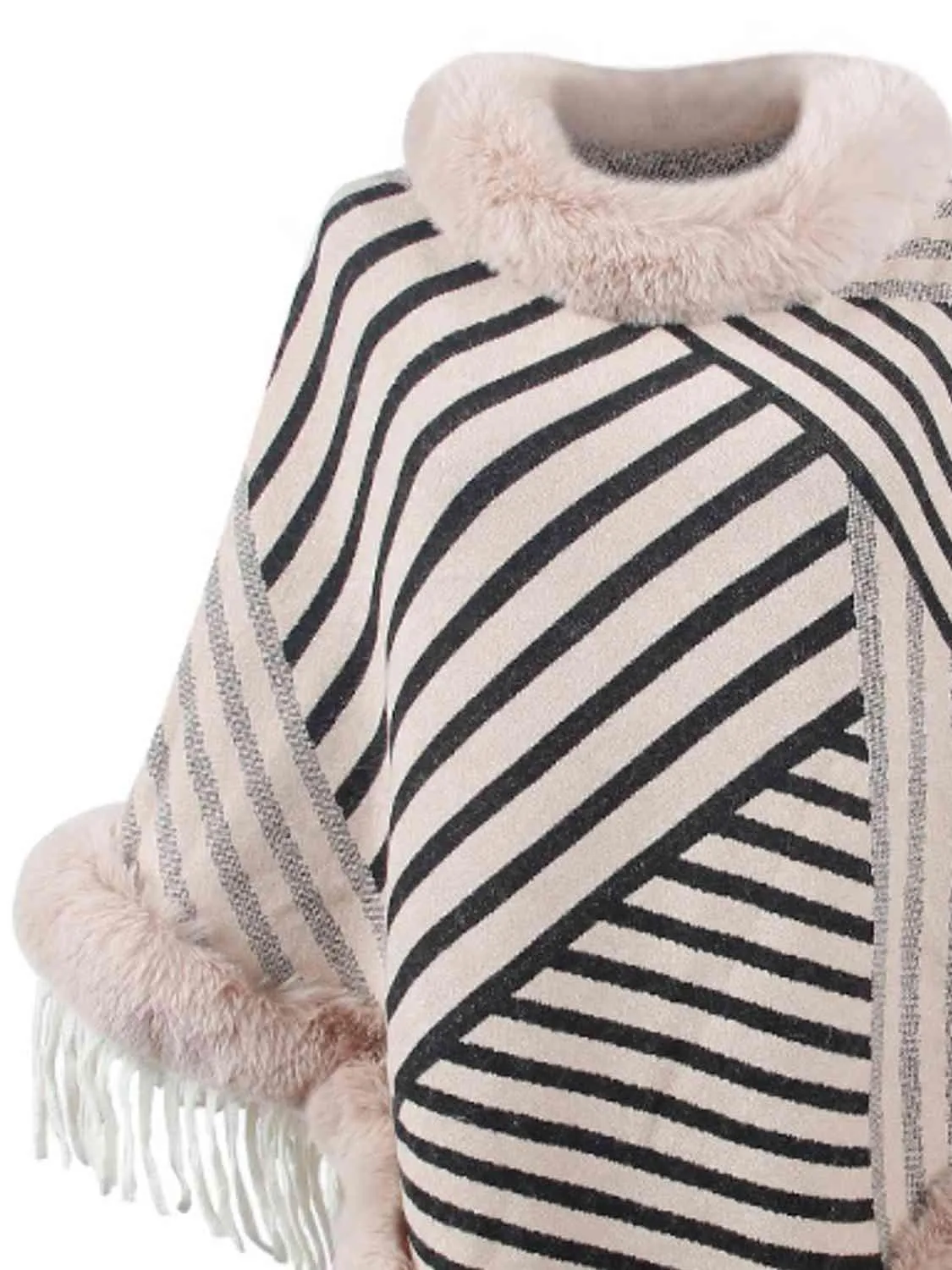 Magnific Winter Striped Fringe Hem Mock Neck Poncho