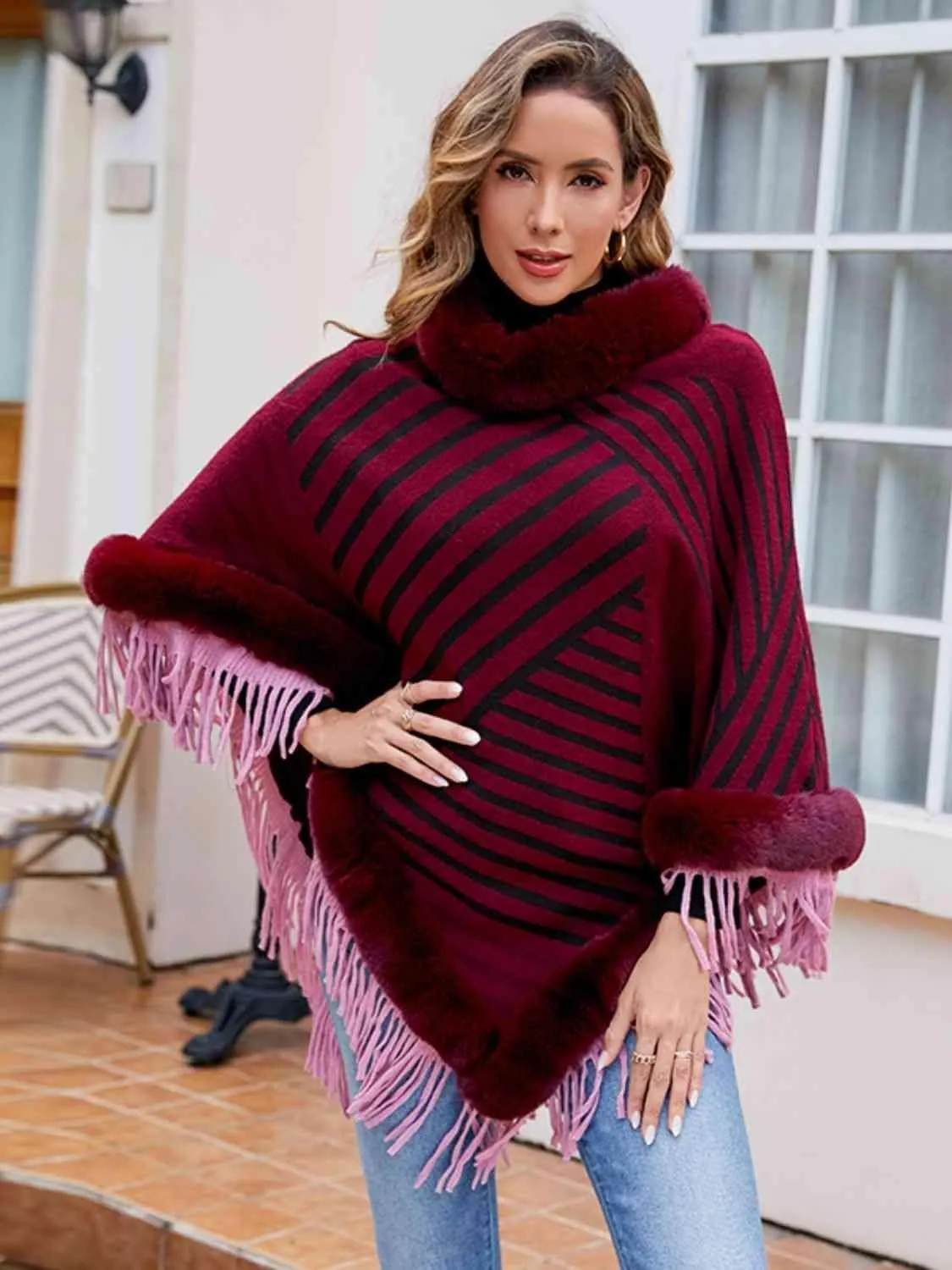 Magnific Winter Striped Fringe Hem Mock Neck Poncho