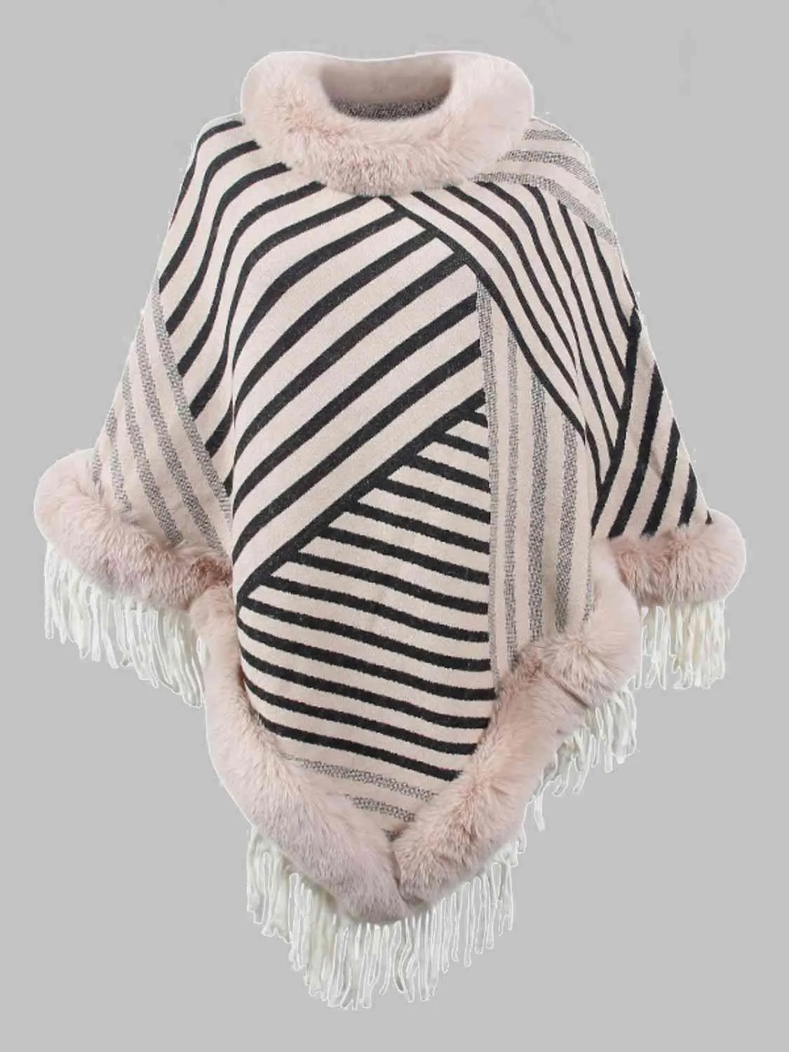 Magnific Winter Striped Fringe Hem Mock Neck Poncho