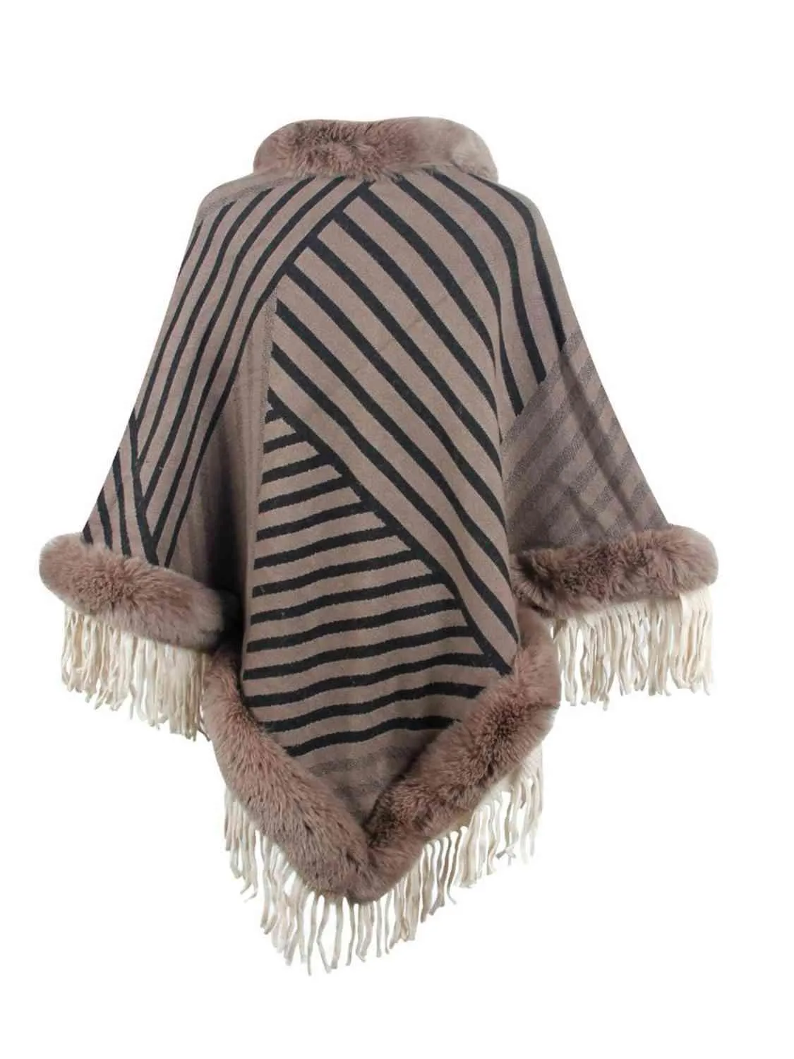 Magnific Winter Striped Fringe Hem Mock Neck Poncho