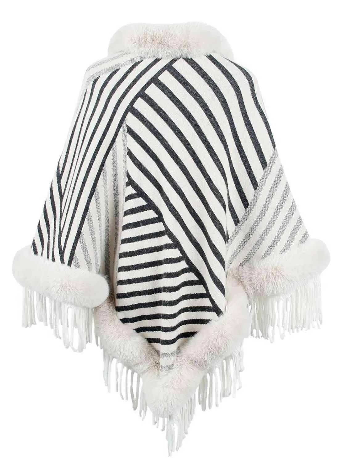 Magnific Winter Striped Fringe Hem Mock Neck Poncho