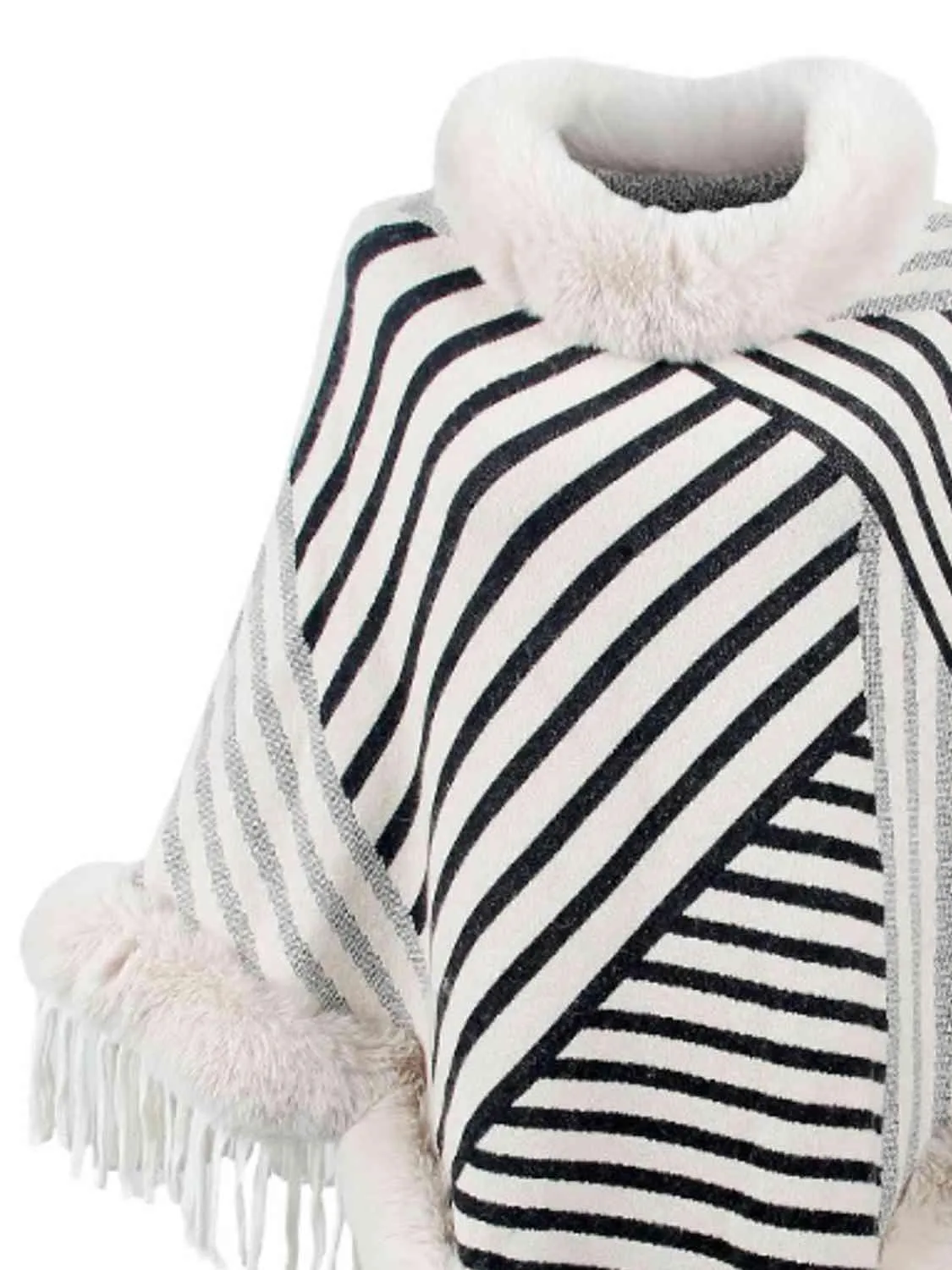 Magnific Winter Striped Fringe Hem Mock Neck Poncho
