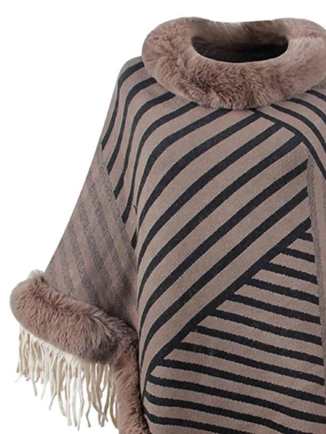 Magnific Winter Striped Fringe Hem Mock Neck Poncho