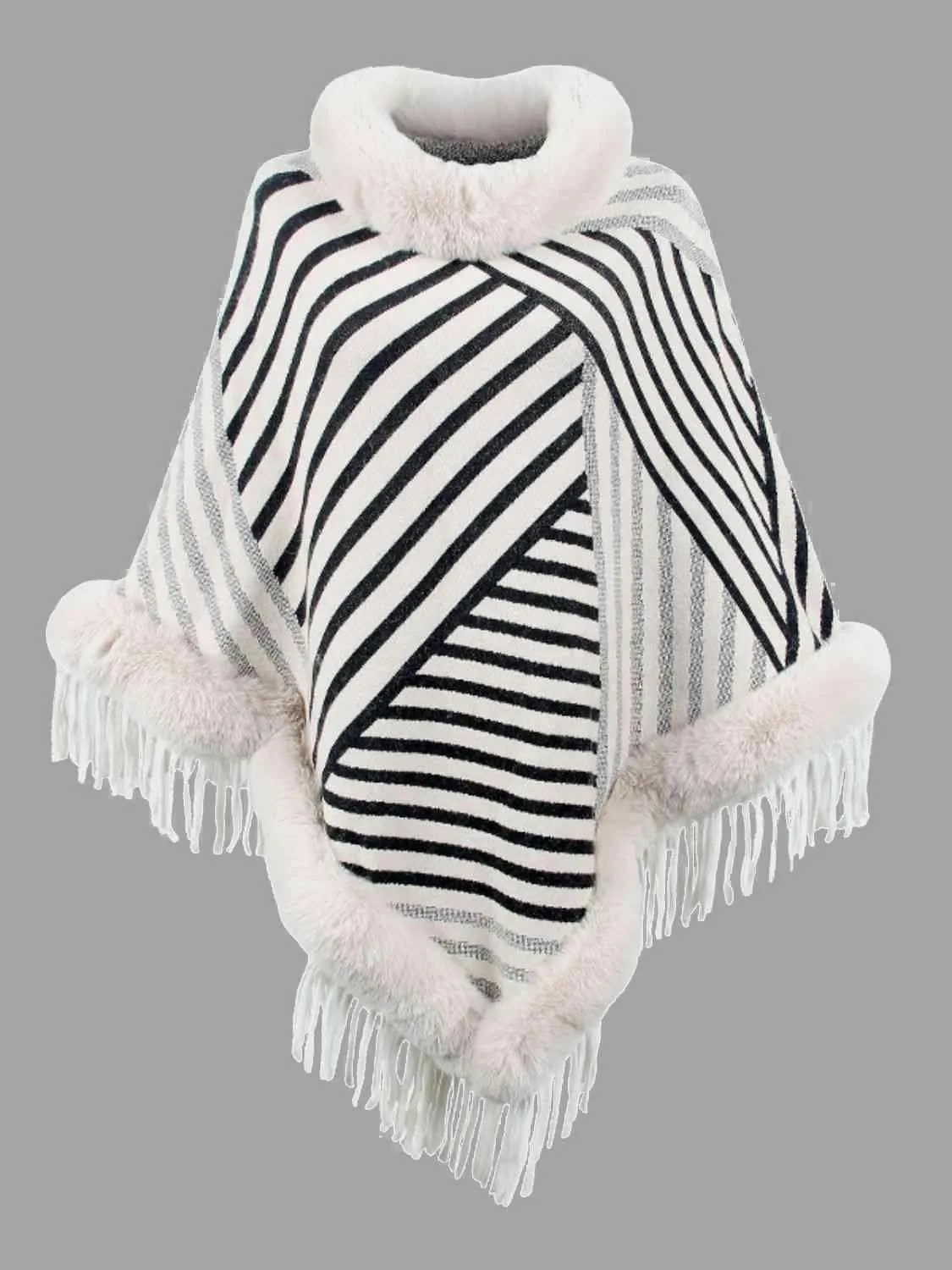 Magnific Winter Striped Fringe Hem Mock Neck Poncho