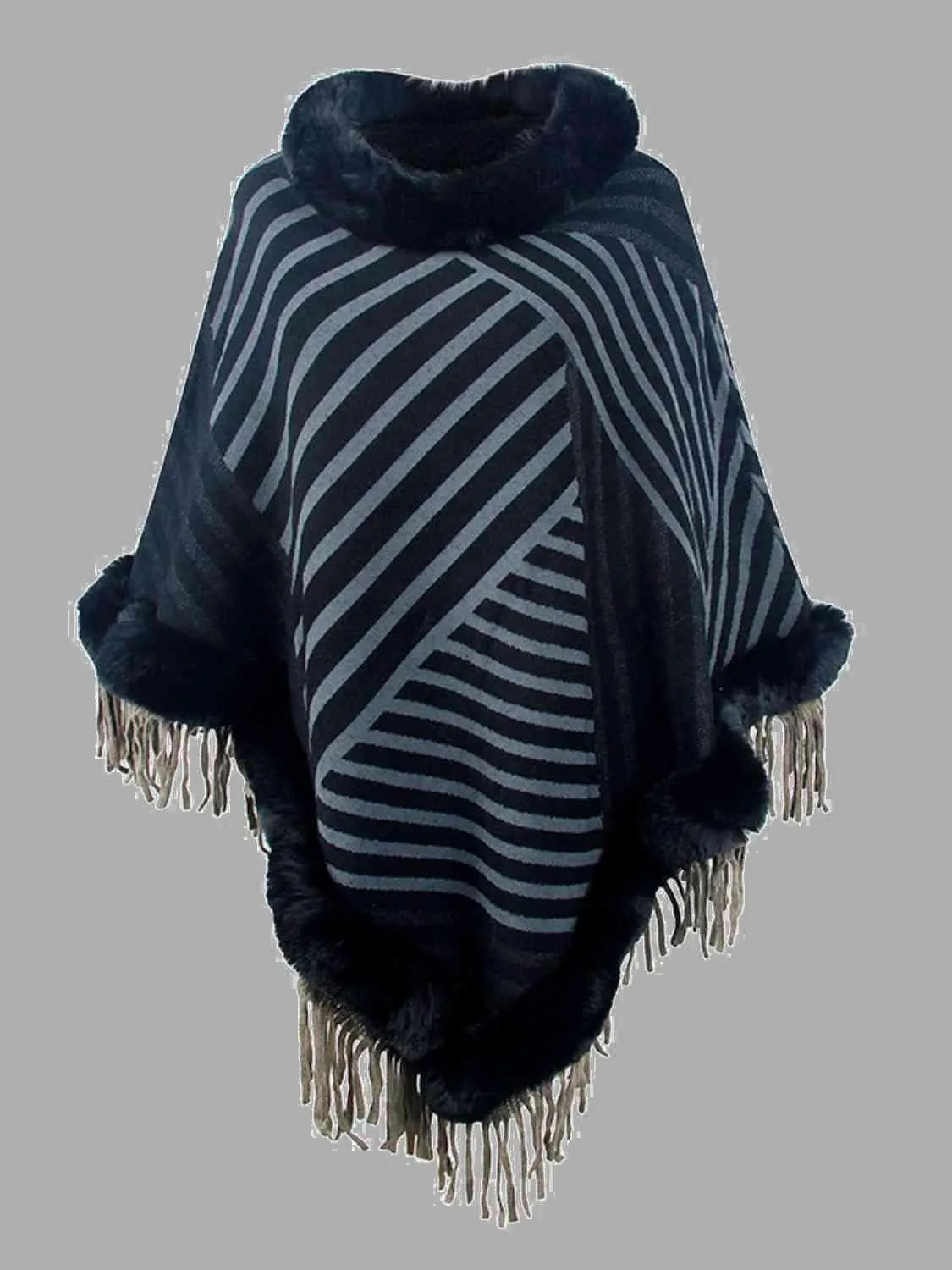 Magnific Winter Striped Fringe Hem Mock Neck Poncho