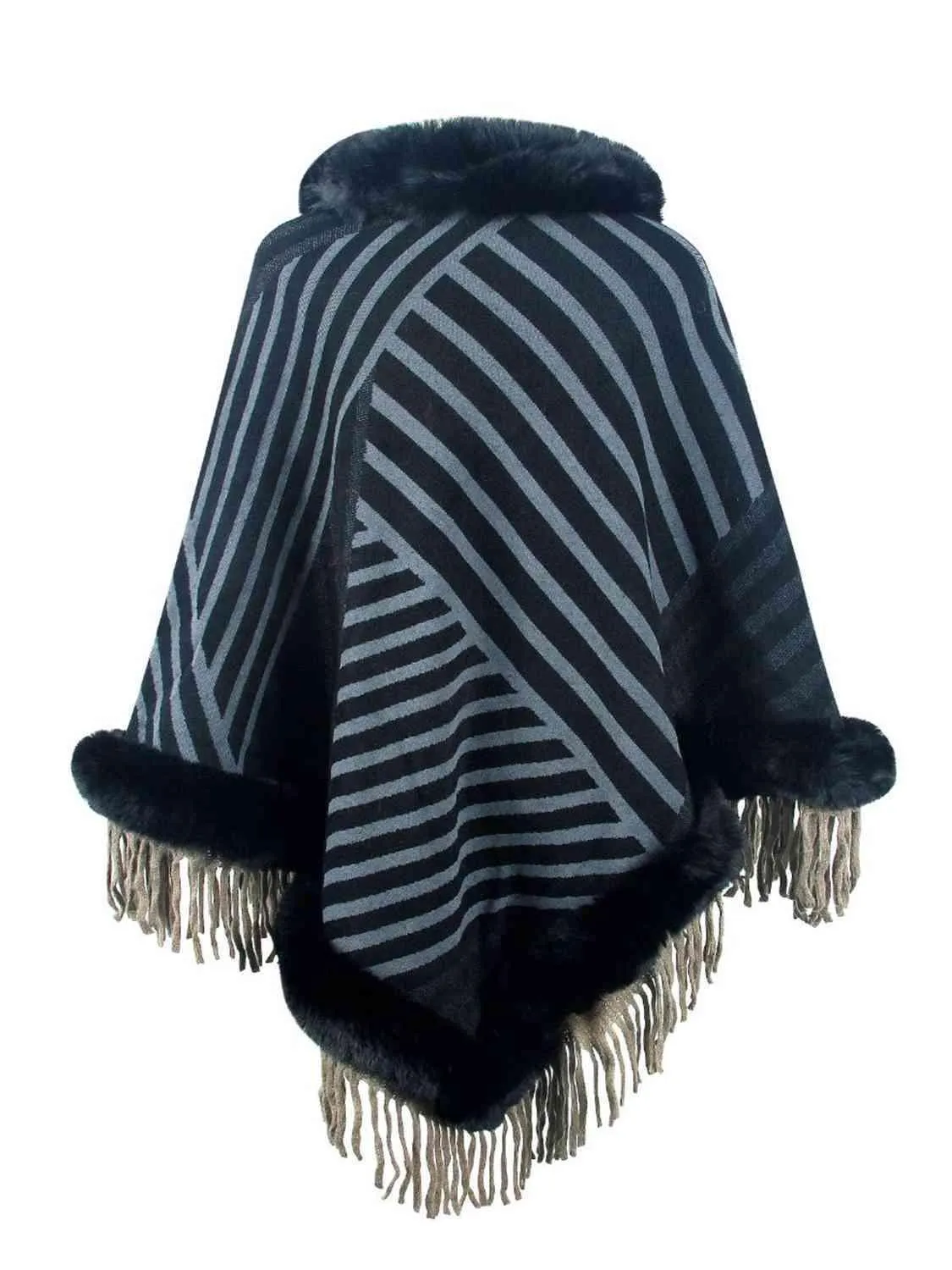 Magnific Winter Striped Fringe Hem Mock Neck Poncho