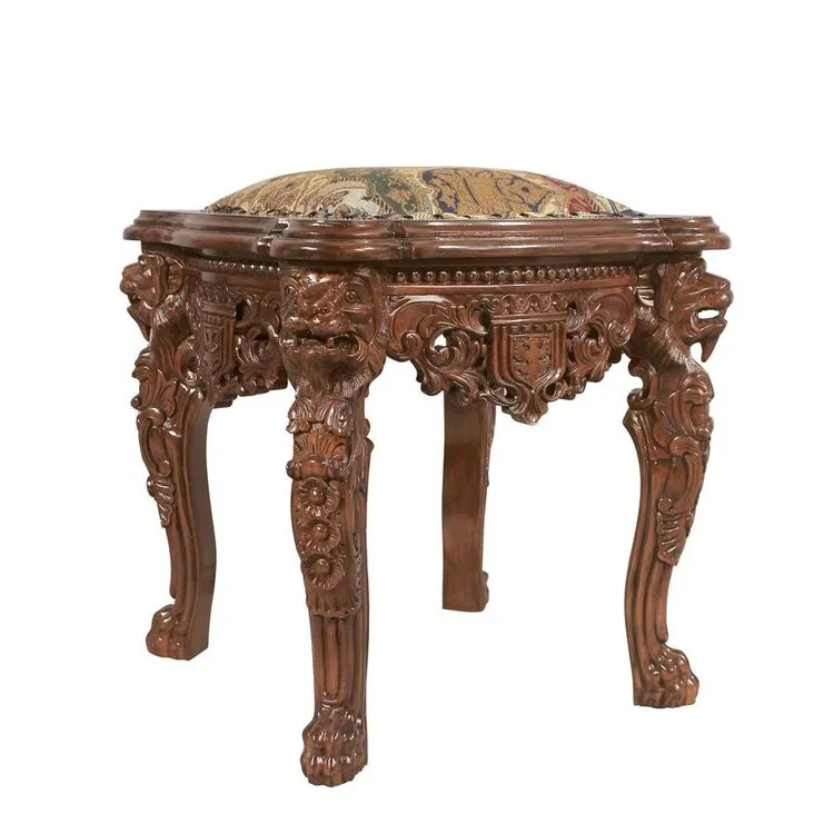 Medieval Antique Replica Solid Mahogany Throne Arm Chair and Ottoman Set By Artist Lord Raffles