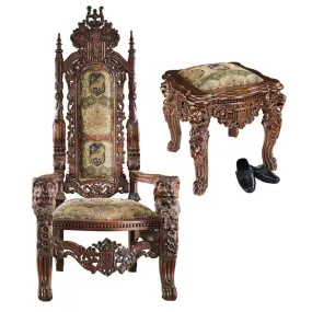 Medieval Antique Replica Solid Mahogany Throne Arm Chair and Ottoman Set By Artist Lord Raffles
