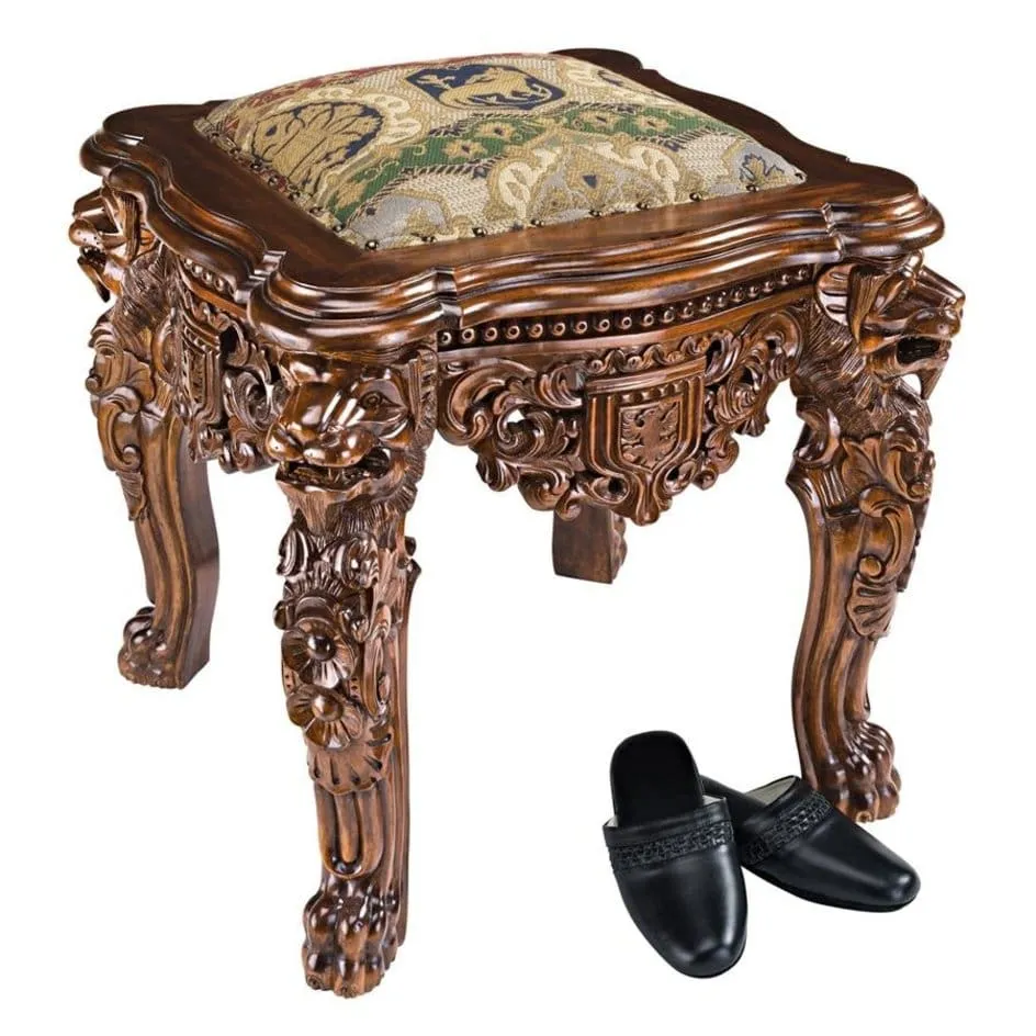 Medieval Antique Replica Solid Mahogany Throne Arm Chair and Ottoman Set By Artist Lord Raffles