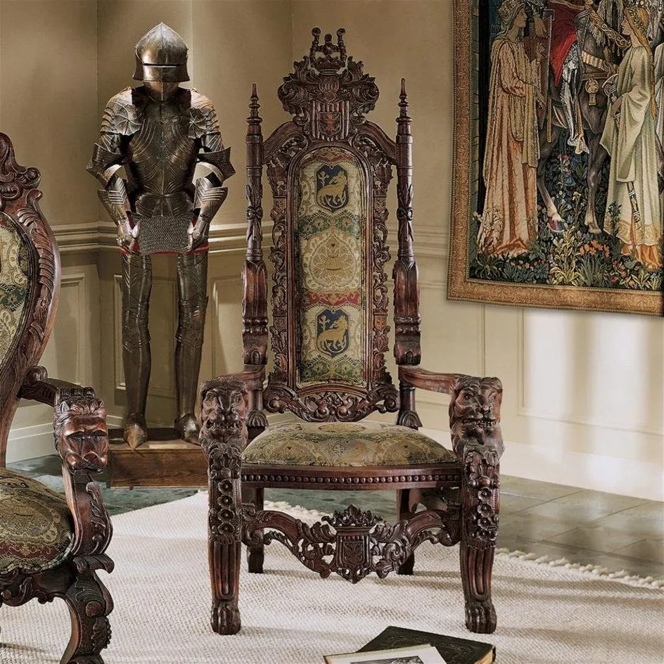 Medieval Antique Replica Solid Mahogany Throne Arm Chair By Artist Lord Raffles