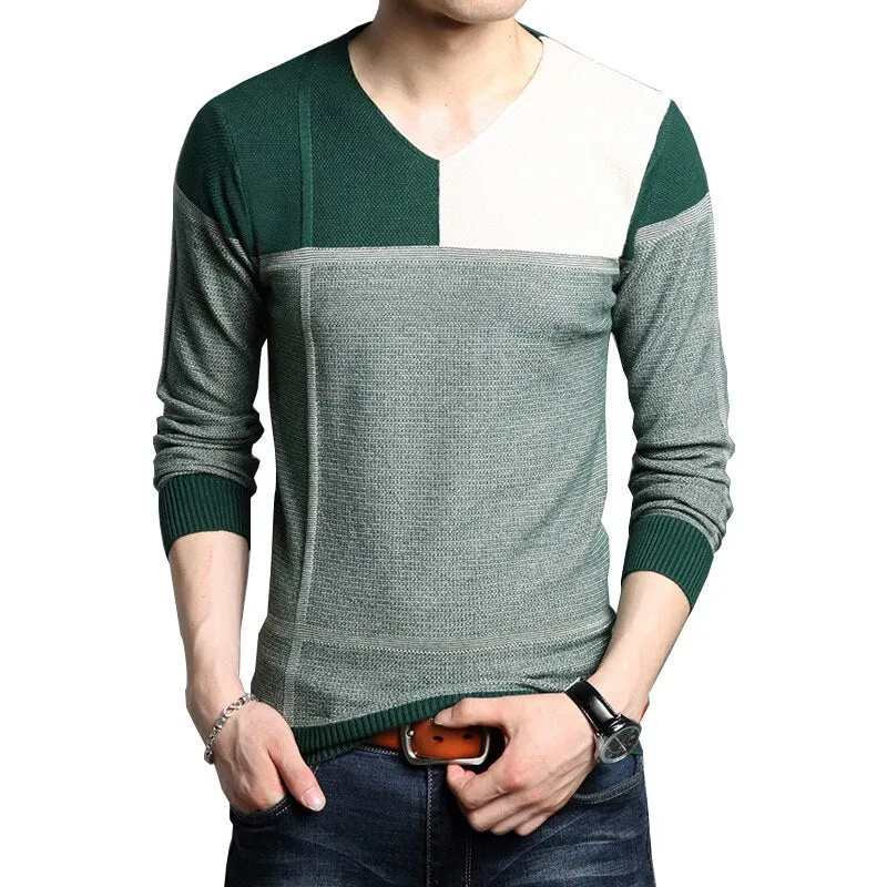 Men V-neck spliced Sweater knitwears