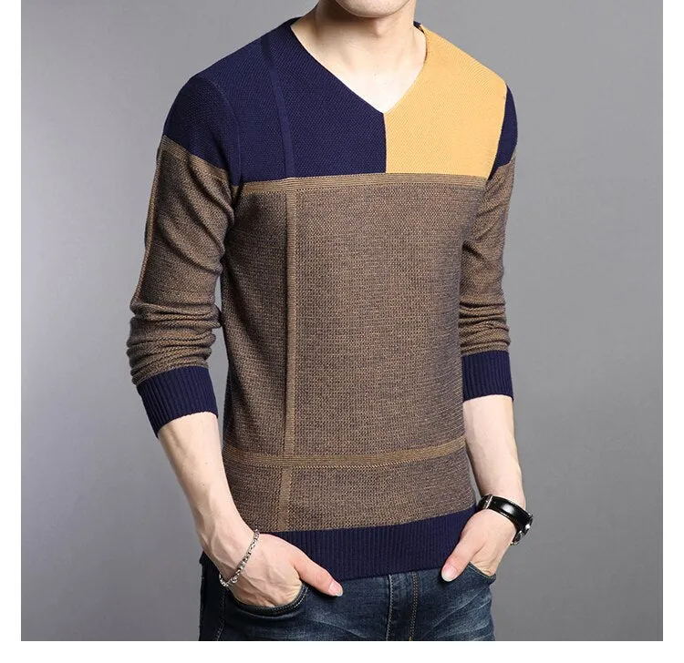 Men V-neck spliced Sweater knitwears