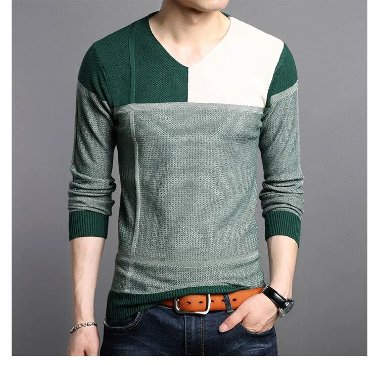 Men V-neck spliced Sweater knitwears