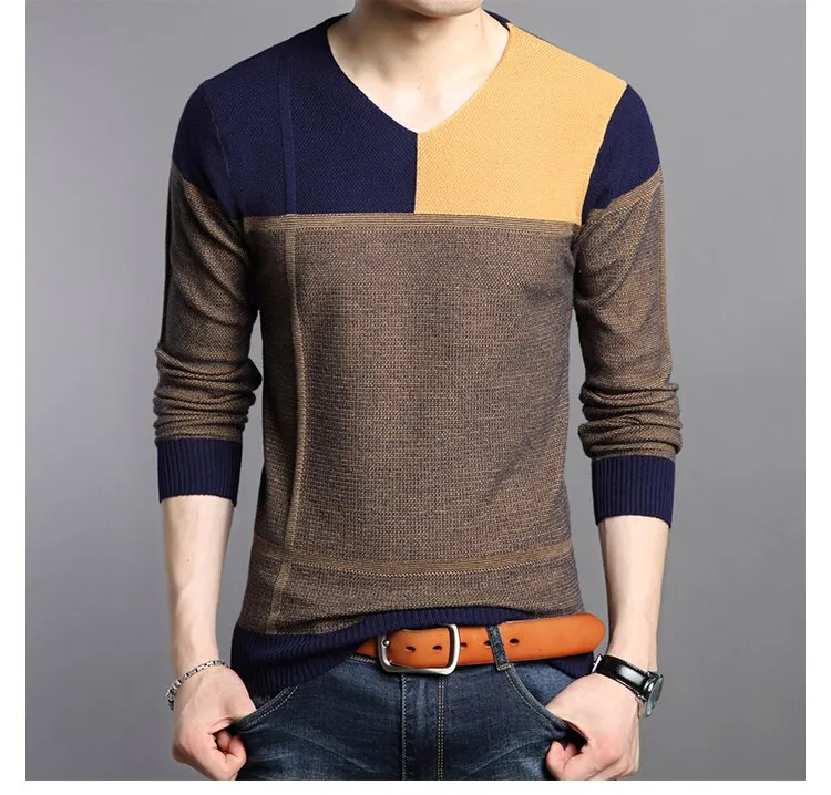 Men V-neck spliced Sweater knitwears