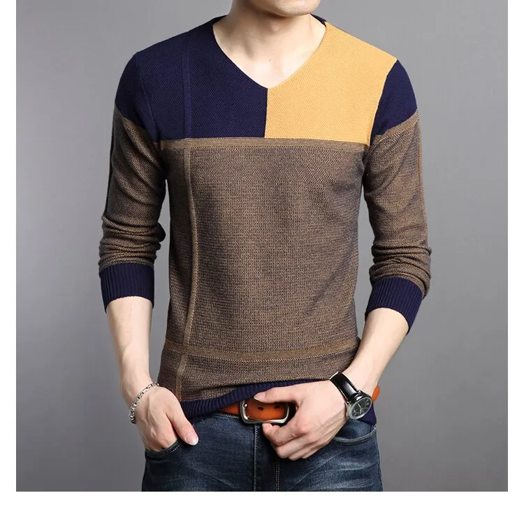 Men V-neck spliced Sweater knitwears