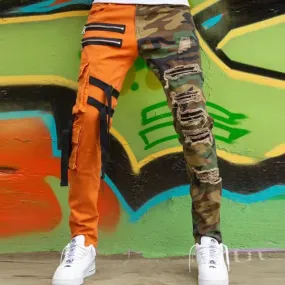 Men’s Zippered Orange & Camo Cargo Pants.