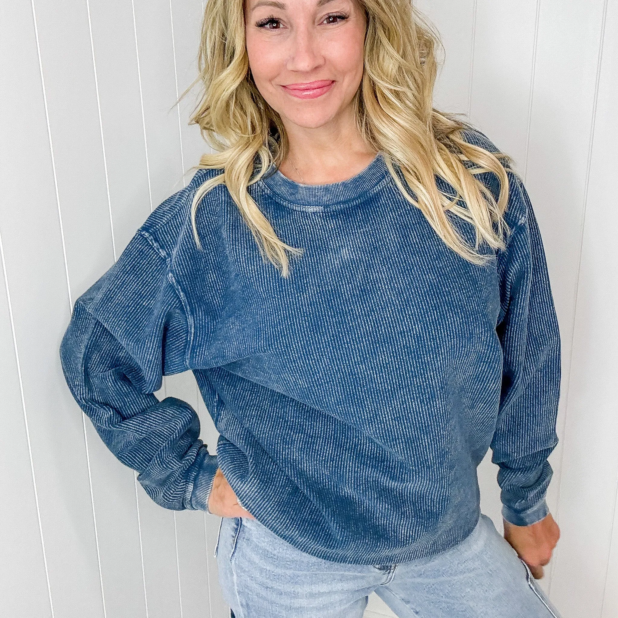 Navy Snow Washed Oversized Luxe Soft Corded Crewneck Pullover