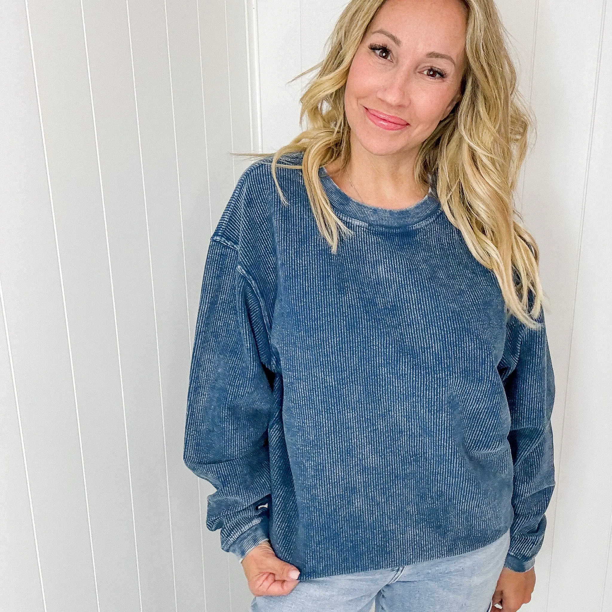 Navy Snow Washed Oversized Luxe Soft Corded Crewneck Pullover
