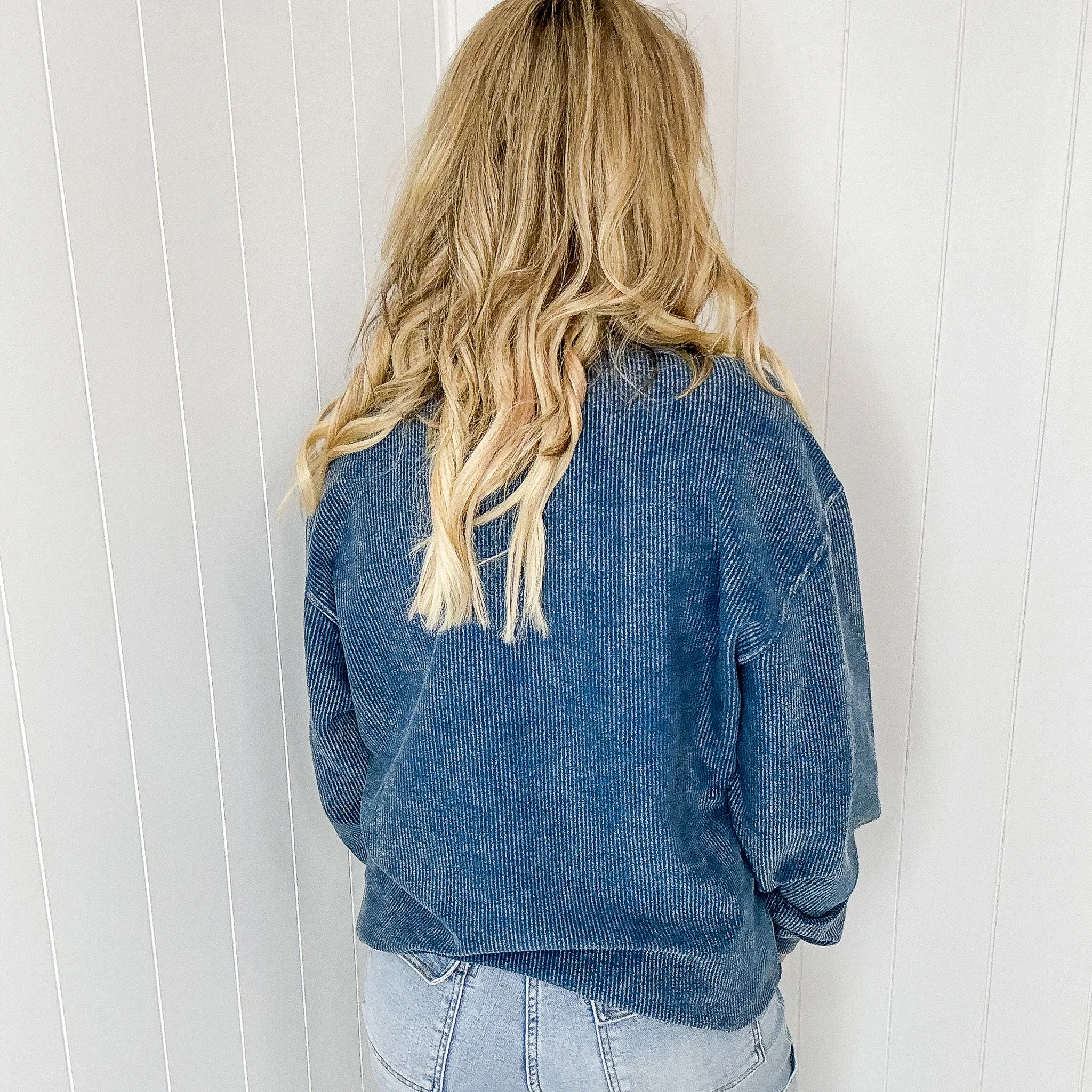 Navy Snow Washed Oversized Luxe Soft Corded Crewneck Pullover