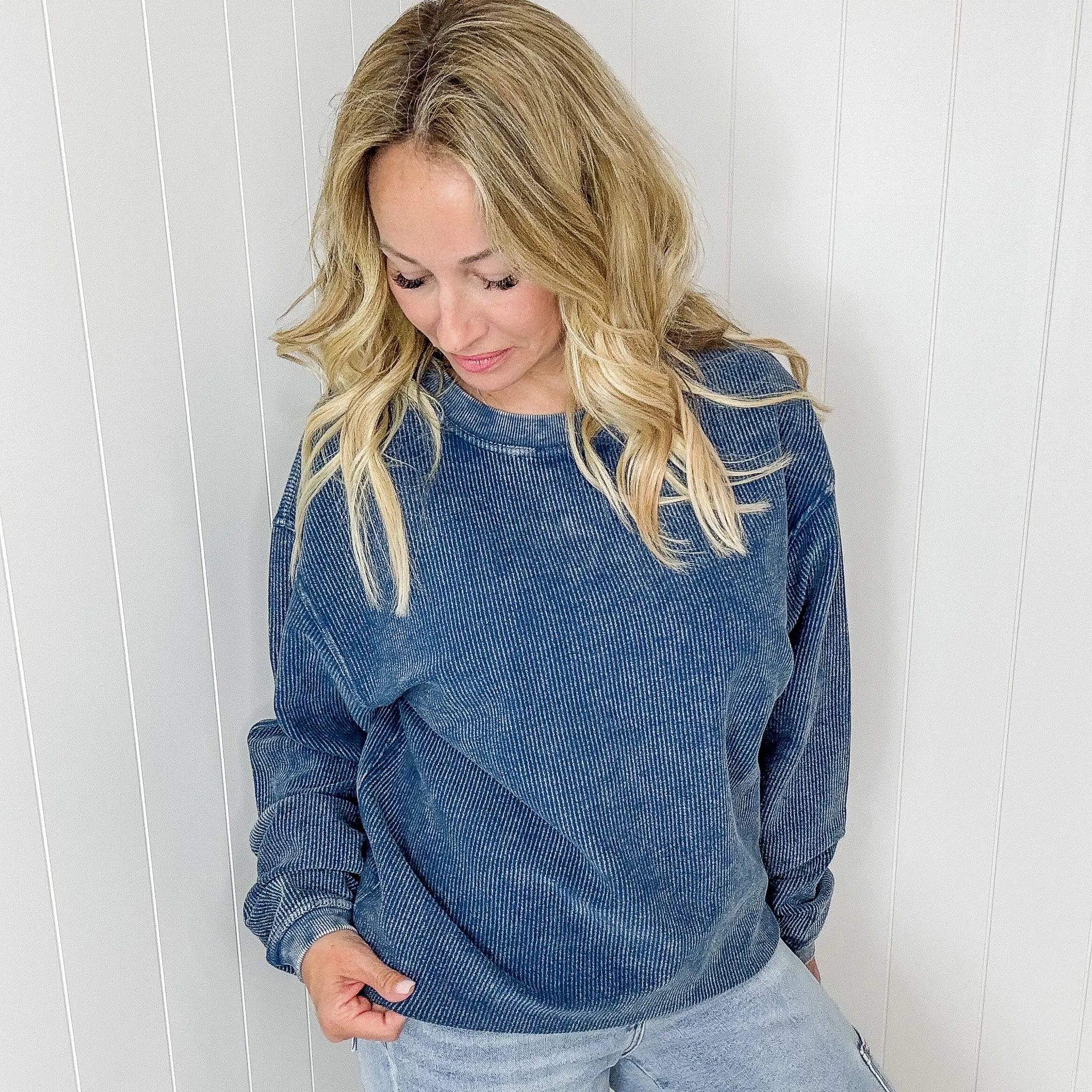 Navy Snow Washed Oversized Luxe Soft Corded Crewneck Pullover