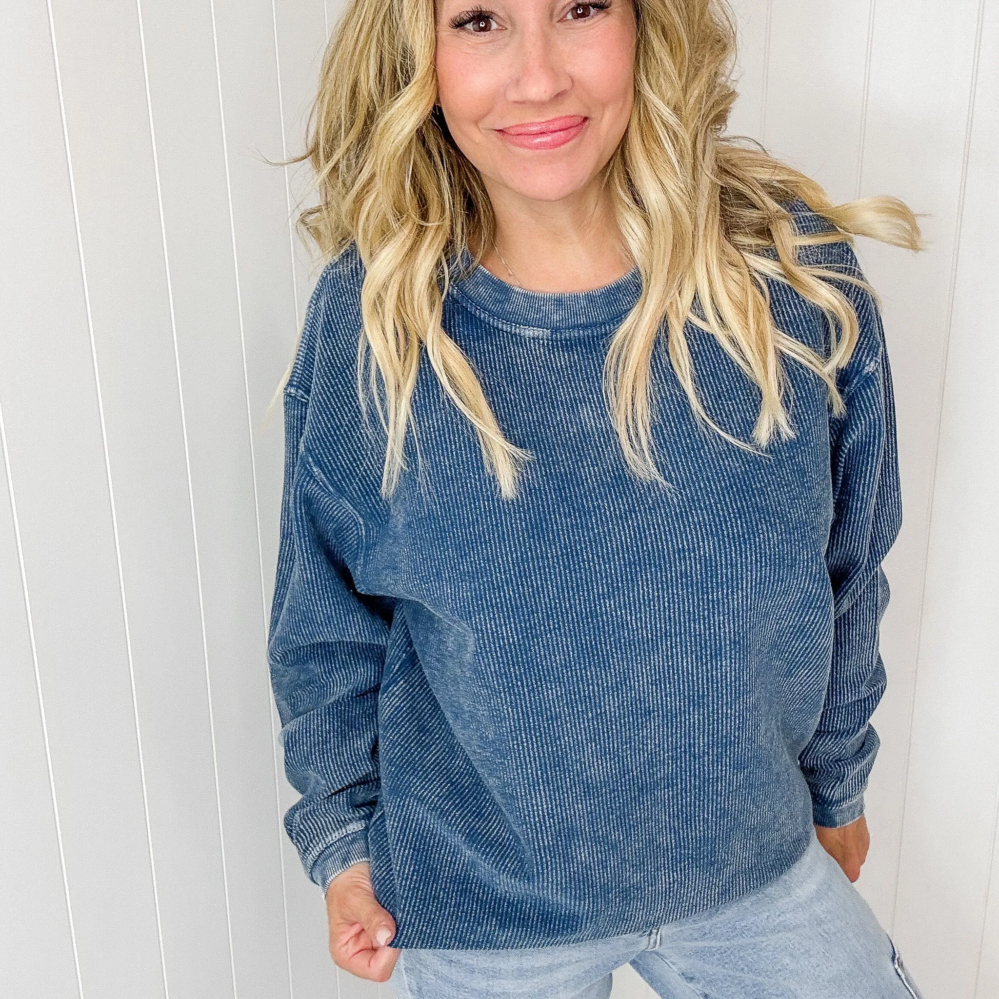 Navy Snow Washed Oversized Luxe Soft Corded Crewneck Pullover