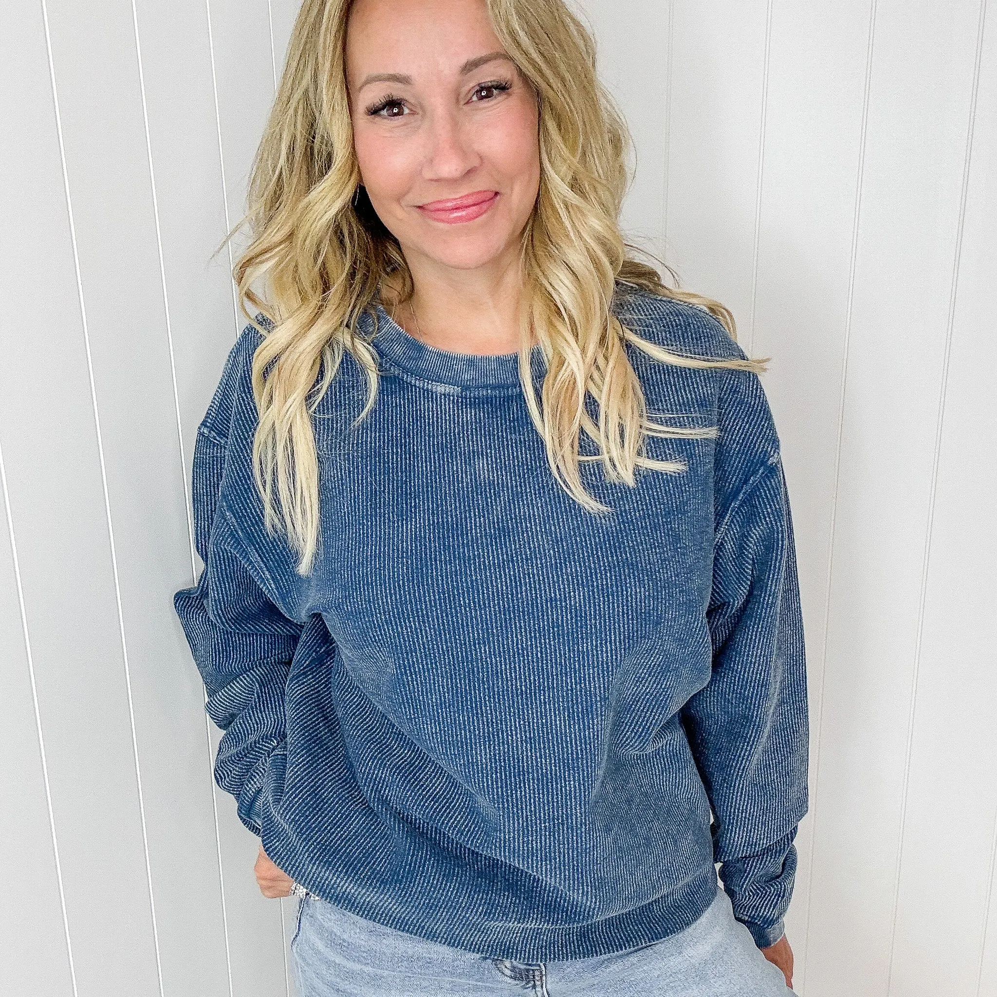 Navy Snow Washed Oversized Luxe Soft Corded Crewneck Pullover