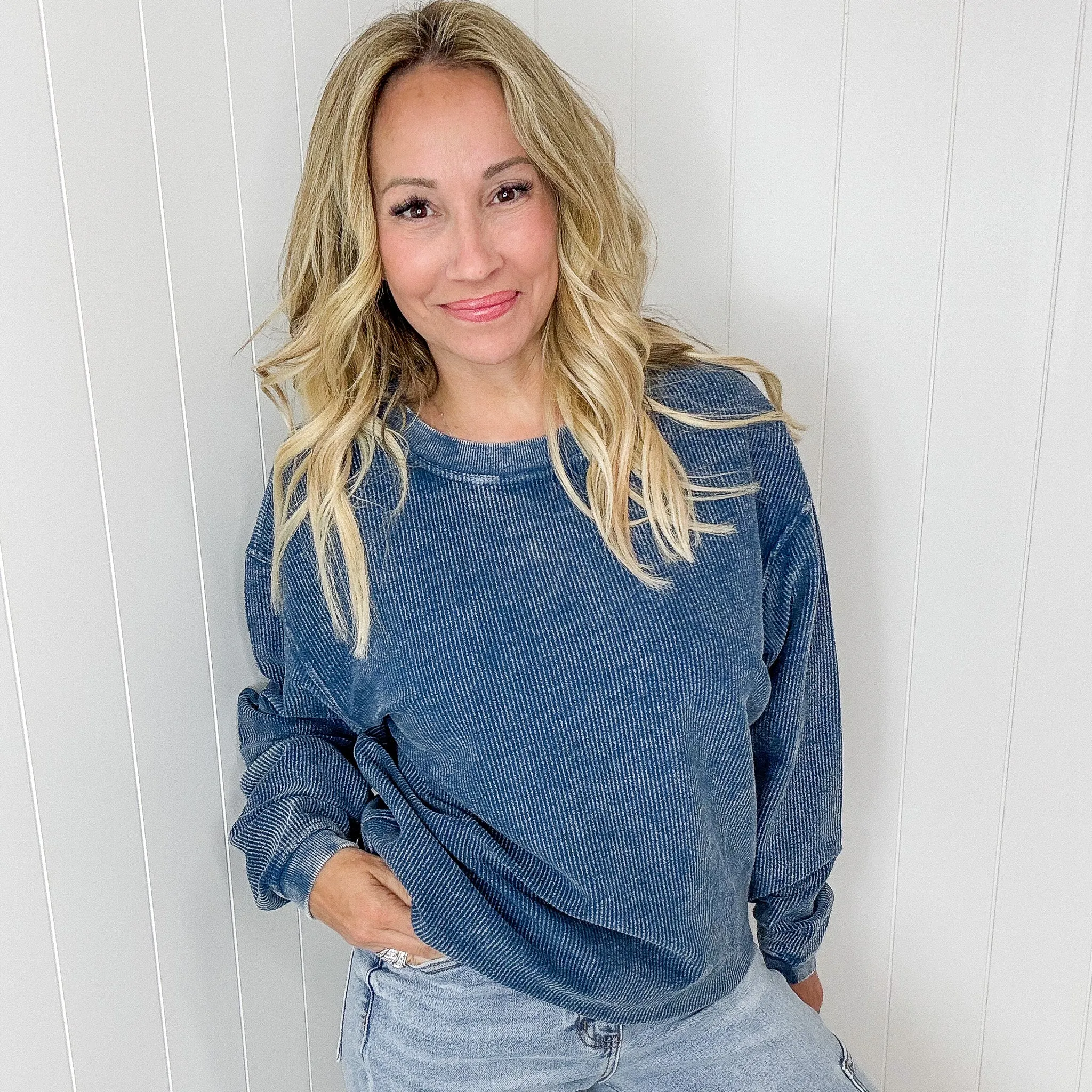 Navy Snow Washed Oversized Luxe Soft Corded Crewneck Pullover